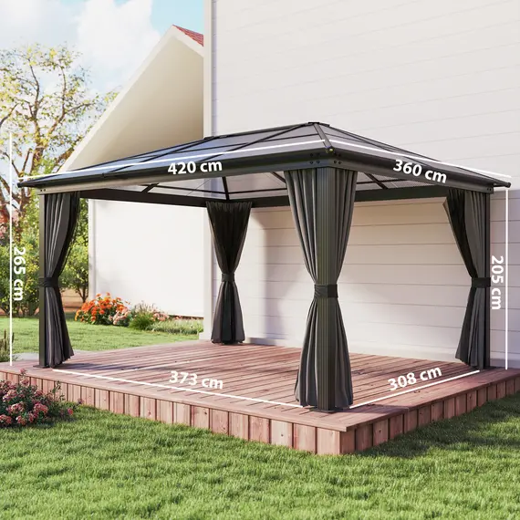 Buy Outsunny 3.6 x 4m Hardtop Gazebo Canopy with Polycarbonate Roof, Aluminium Frame, Permanent Pavilion Garden Gazebo with Netting and Curtains for Patio, Deck, Dark Grey, 3 image