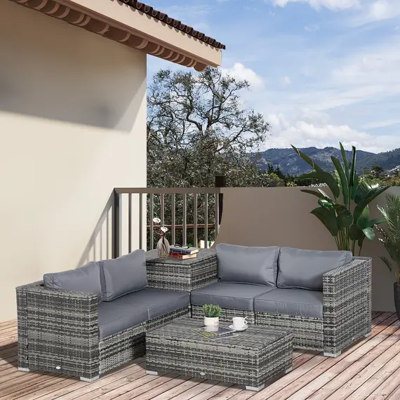 Buy 6PC Rattan Corner Sofa Set Wicker 4 Seater Garden Storage Coffee Table Conversation Ottoman Outdoor Weave Furniture w/ Cushion Grey, 2 image