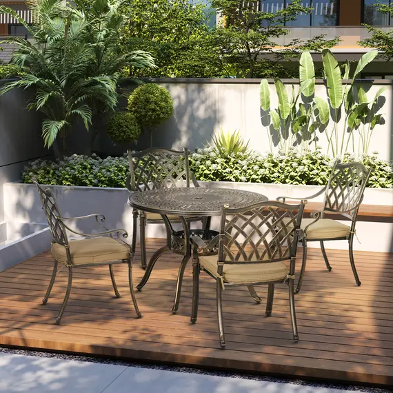 Buy Outsunny 4 Seater Outdoor Dining Set Antique Cast Aluminium Garden Furniture Set with Cushions Round Dining Table with Parasol Hole, Bronze, 2 image