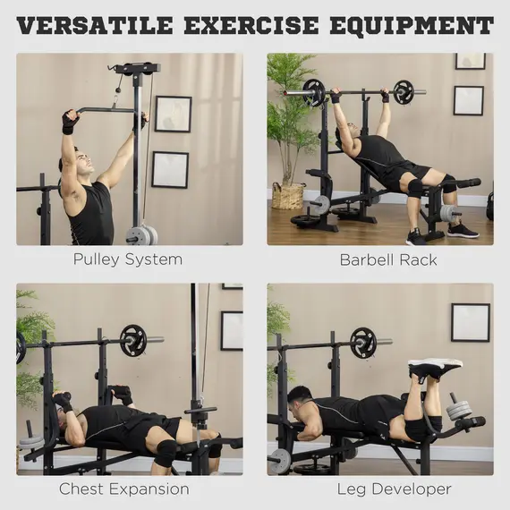 Buy HOMCOM Adjustable Weight Bench with Pulley System, Incline Bench Press Set with Squat Rack, Leg Developer, Butterfly and Weight Storage, for Home Gym Full Body Workout, 4 image