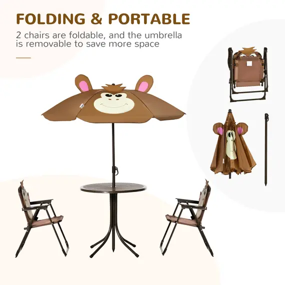 Buy Kids Bistro Table and Chair Set, Outdoor Folding Garden Furniture w/Monkey Design, Removable, Adjustable Sun Umbrella, Ages 3-6 Years - Brown, 4 image