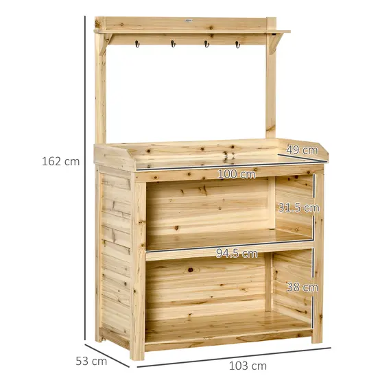 Buy Outsunny Garden Potting Bench Table, Wooden Workstation Bench w/ Galvanized Metal Tabletop, Storage Shelves and Hooks, Natural, 3 image