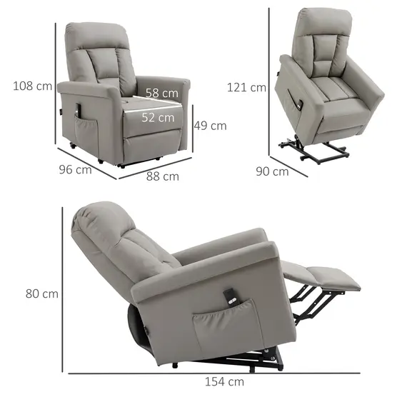 Buy Power Lift Chair Armchair for the Elderly, PU Leather Recliner Chair with Extended Footrest, Remote Control and Side Pocket, Grey, 3 image