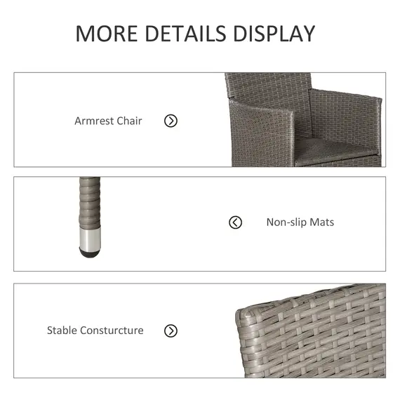 Buy 2 Pieces Outdoor PE Rattan Dining Chairs Set with Cushion, Garden Armchair with Armrests, High Backrest, Metal Frame Patio Wicker Furniture, Grey, 5 image
