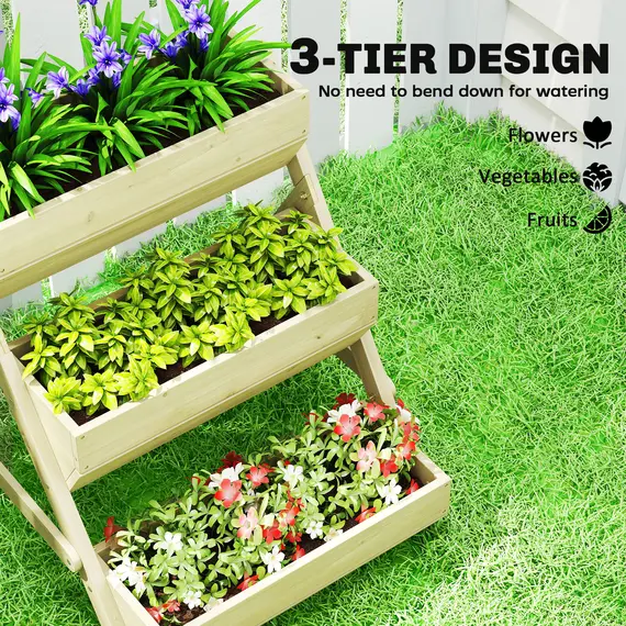 Buy Outsunny 3 Tier Raised Garden Bed Wooden Elevated Planter Box Kit, 66L for Flower, Vegetable, Herb, 65x75x78cm, Green, 4 image