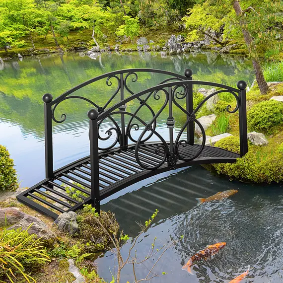 Buy Outsunny 102L x 48W x 49H Classic Metal Garden Bridge with Safety Railings Arc Footbridge Decorative Pond Bridge for Backyard Creek Stream, Black, 2 image