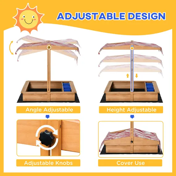 Buy Sand Pit Kids Wooden Sandbox with Cover Children Sandpit Play Station Height Adjustable with Canopy, Bottom Liner, Plastic Basins for Outdoor Aged 3-7 Years, 4 image
