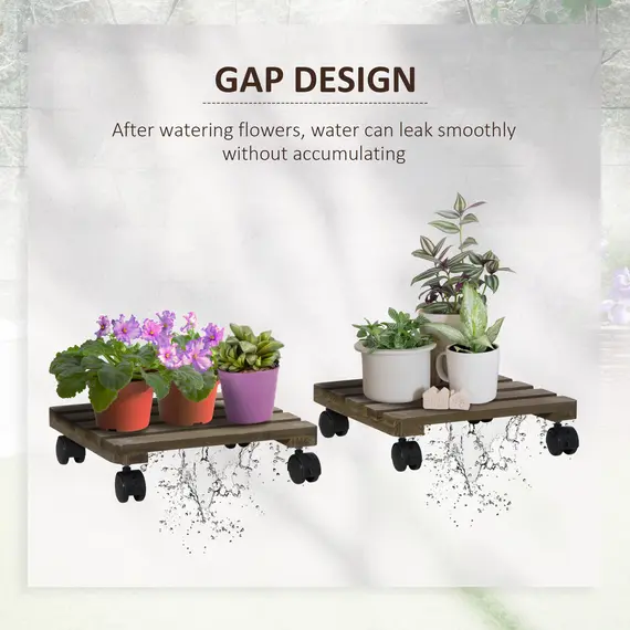 Buy Outsunny 2 Pack Plant Caddy with Wheels, 30 cm Square Wooden Plant Pot Trolley, Pot Caddy for Outdoor Patios, Decks and Indoors, Dark Brown, 5 image