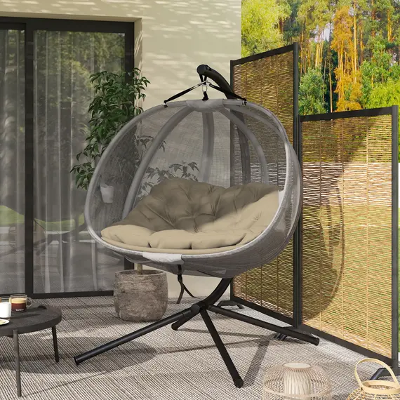 Buy Double Hanging Egg Chair 2 Seaters Texteline Swing Hammock Chair with Stand, Cushion and Folding Design, for Indoor and Outdoor, Brown, 8 image