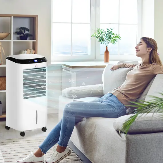 Buy HOMCOM Portable Air Cooler, Evaporative Anion Ice Cooling Fan Water Conditioner Humidifier Unit with 10L Water Tank, 3 Modes, 3 Speed, Remote, Timer, Oscillating for Home Quiet Bedroom, White, 2 image