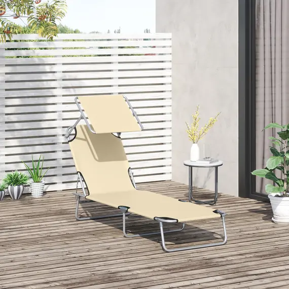 Buy Outsunny Folding Sun Lounger with Canopy, Reclining Sunbed with 4-Position Adjustable Backrest, 600D Oxford Cloth, Portable Garden Lounger Recliner Chair for Beach, Camping, Patio, Beige, 2 image
