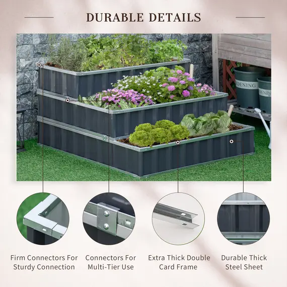 Buy Outsunny 3 Tier Raised Garden Bed, Metal Elevated Planer Box Kit Flower Pot w/ A Pairs of Glove for Garden, Patio to Grow Vegetables, Herbs, Flowers, 118 x 118 x 62 cm, Grey, 6 image