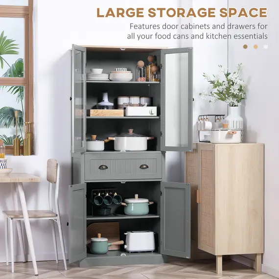 Buy 180cm Tall Kitchen Pantry Cupboard, Freestanding Storage Cabinet with 5 Tier, Adjustable Shelves,  Drawer, Grey, 4 image
