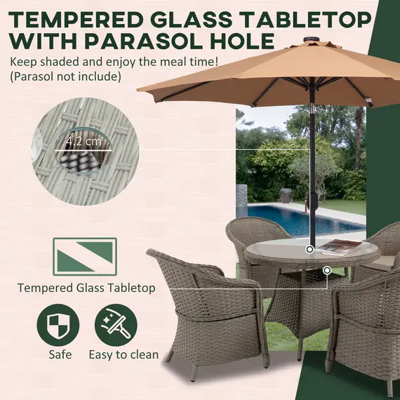 Buy 4 Seater Rattan Garden Furniture Set with Cushions, Round PE Rattan Dining Set with Glass-Top Table, Umbrella Hole, Outdoor Garden Table and Chairs, Mixed Grey, 6 image