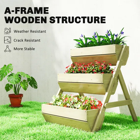 Buy Outsunny 3 Tier Raised Garden Bed Wooden Elevated Planter Box Kit, 66L for Flower, Vegetable, Herb, 65x75x78cm, Green, 6 image