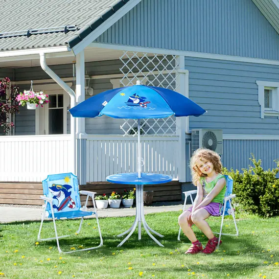 Buy Kids Outdoor Bistro Table and Chair Set, Folding Garden Furniture w/ Shark Design, Removable, Adjustable Sun Umbrella, Ages 3-6 Years - Blue, 2 image