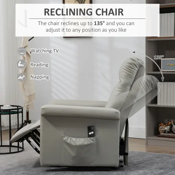 Buy Power Lift Chair Armchair for the Elderly, PU Leather Recliner Chair with Extended Footrest, Remote Control and Side Pocket, Grey, 5 image