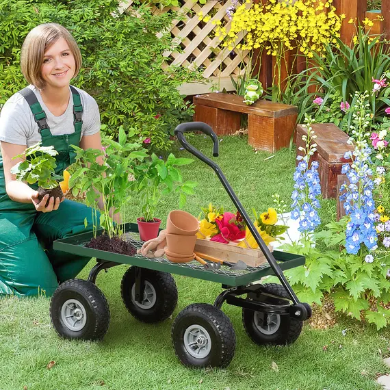 Buy Outsunny Garden Trolley Cart, Heavy Duty Garden Cart with Metal Frame, 10" Pneumatic Wheels, Rotating Handle, 150kg Capacity, for Garden, Farm, Green, 2 image