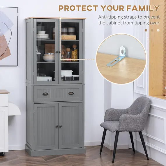 Buy 180cm Tall Kitchen Pantry Cupboard, Freestanding Storage Cabinet with 5 Tier, Adjustable Shelves,  Drawer, Grey, 7 image