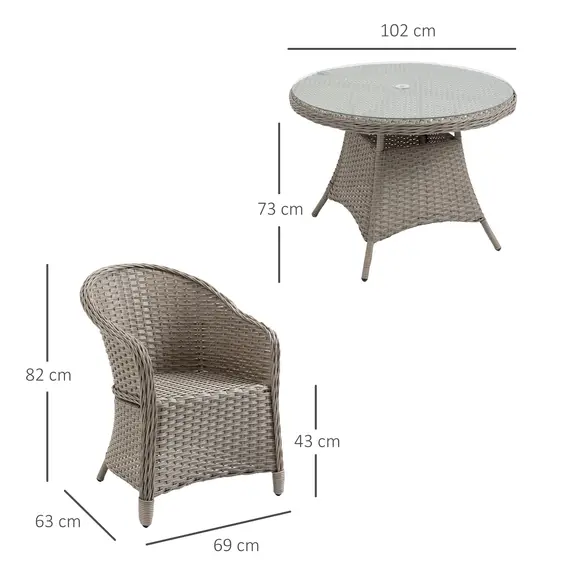 Buy 4 Seater Rattan Garden Furniture Set with Cushions, Round PE Rattan Dining Set with Glass-Top Table, Umbrella Hole, Outdoor Garden Table and Chairs, Mixed Grey, 3 image