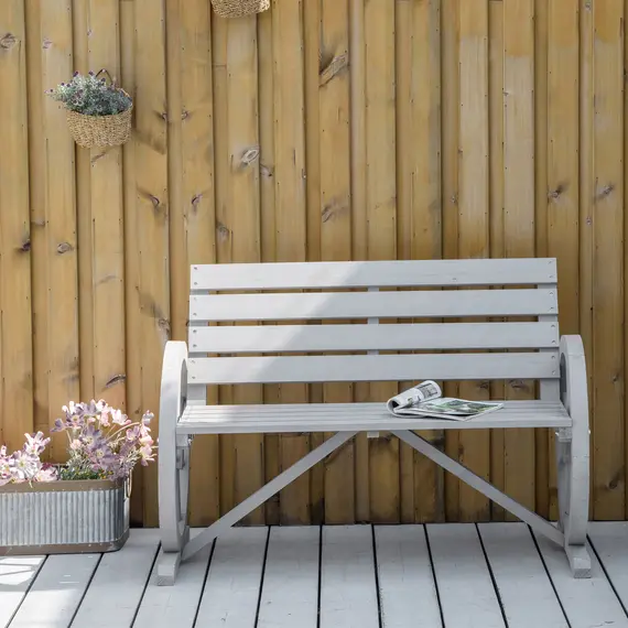 Buy Wooden Cart Wagon Wheel 2 Seater Garden Bench Outdoor Garden Armrest Chair Rustic High Back Loveseat Grey, 2 image