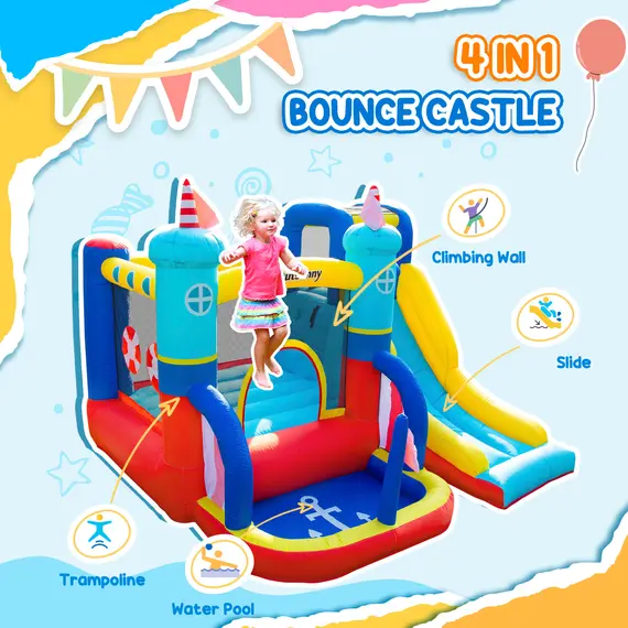 Buy Kids Bouncy Castle, 4 in 1 Large Sailboat Style Inflatable House Slide Trampoline Water Pool Climbing Wall with Blower Carrybag for Kids Age 3-8, 2.65 x 2.6 x 2m, 4 image