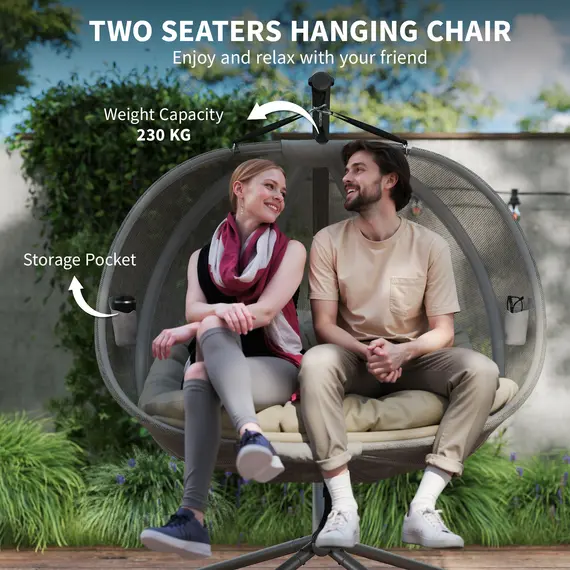 Buy Double Hanging Egg Chair 2 Seaters Texteline Swing Hammock Chair with Stand, Cushion and Folding Design, for Indoor and Outdoor, Brown, 7 image
