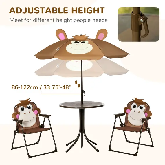 Buy Kids Bistro Table and Chair Set, Outdoor Folding Garden Furniture w/Monkey Design, Removable, Adjustable Sun Umbrella, Ages 3-6 Years - Brown, 5 image