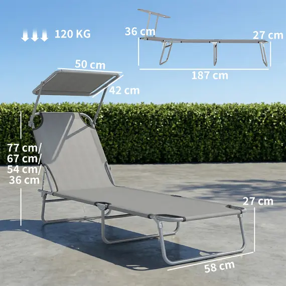 Buy Outsunny Folding Sun Lounger with Canopy, Reclining Sunbed with 4-Position Adjustable Backrest, 600D Oxford Cloth, Portable Garden Lounger Recliner Chair for Beach, Camping, Patio, Light Grey, 3 image