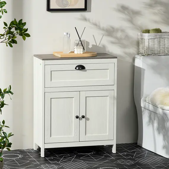 Buy Bathroom Floor Cabinet, Freestanding Storage Cupboard with Drawer, Double Door Cabinet and Adjustable Shelf, White, 2 image