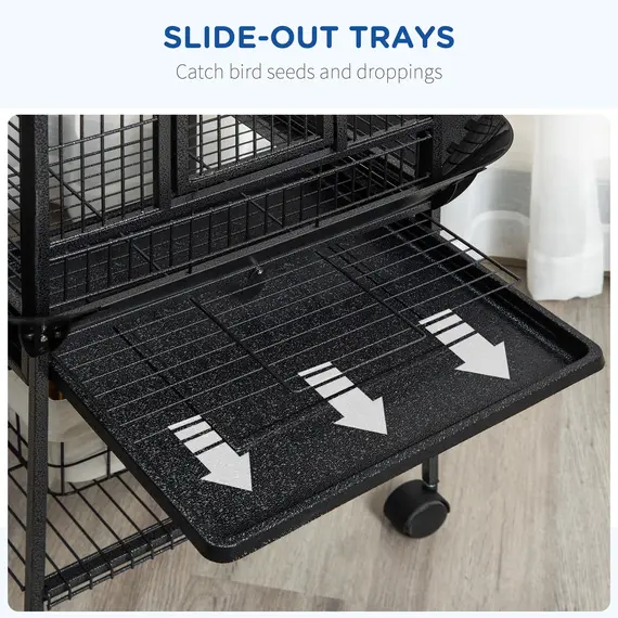 Buy 156cm Bird Cage,Large Parrot Cage with Open Play Top, Perch, Seed Guard, Wheels, Storage Shelf, Dark Grey, 4 image