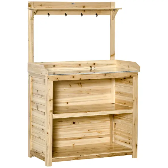 Buy Outsunny Garden Potting Bench Table, Wooden Workstation Bench w/ Galvanized Metal Tabletop, Storage Shelves and Hooks, Natural