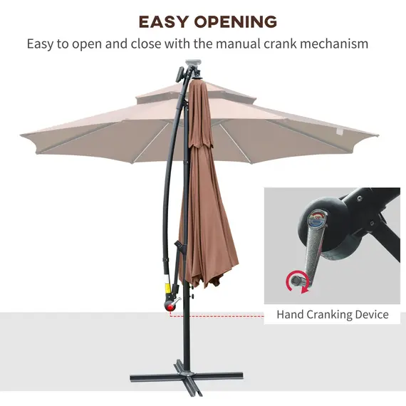 Buy Outsunny 3(m) Cantilever Banana Parasol Hanging Umbrella with Double Roof, LED Solar lights, Crank, 8 Sturdy Ribs and Cross Base for Outdoor, Garden, Patio, Coffee, 5 image