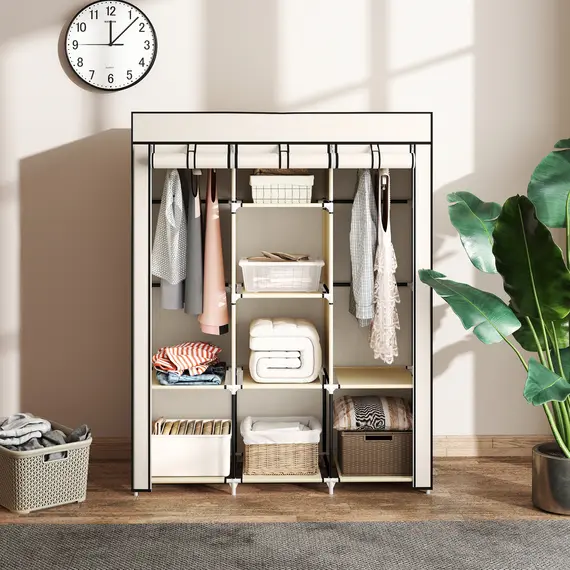 Buy Fabric Wardrobe, with Rails and Shelves - Cream White, 7 image