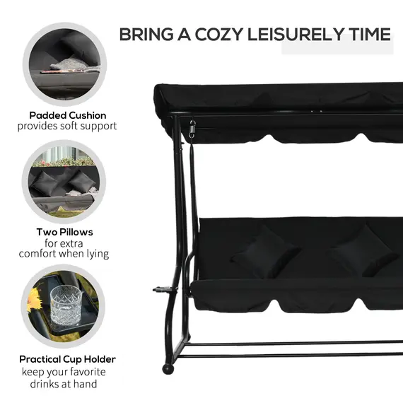 Buy Three-Seater Garden Swing Bed - Black, 7 image