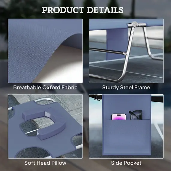 Buy Outsunny 5-Position Adjustable Sun Lounger with Reading Hole and Side Pocket, Grey, 6 image