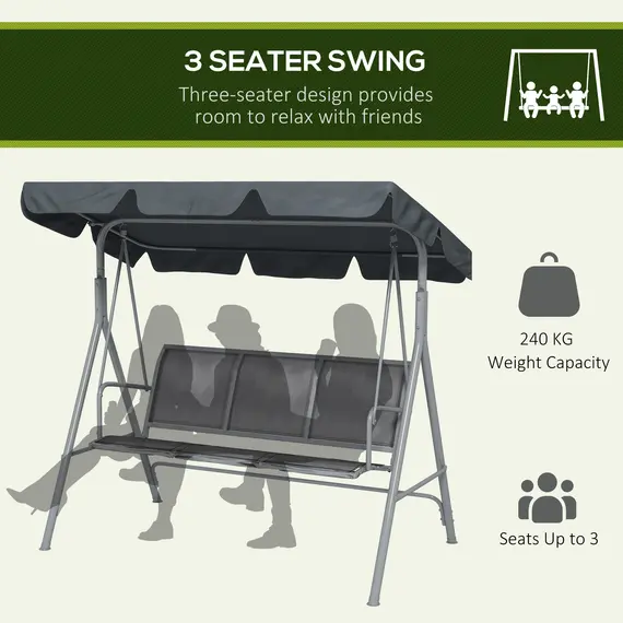 Buy 3 Seater Swing Chair, Garden Swing Bench with Adjustable Tilting Canopy, Breathable Mesh Seat and Heavy Duty Metal Frame for Patio, Garden, Dark Grey, 7 image