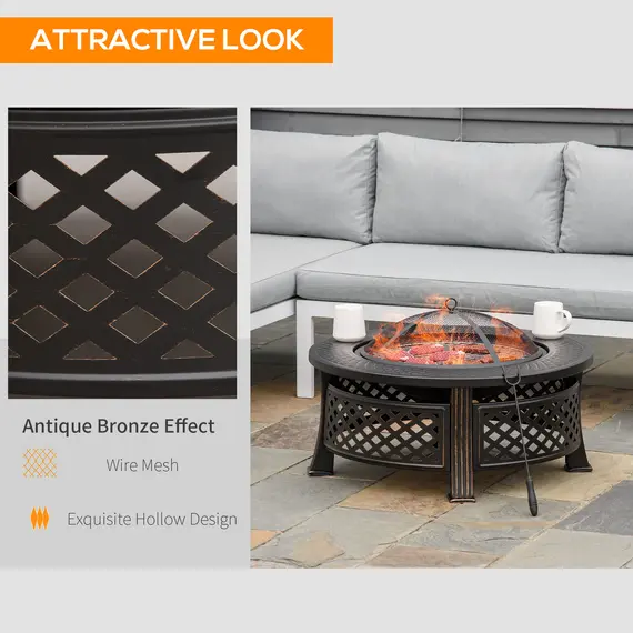 Buy Outdoor Fire Pit, Firepit with Grill Net, Mesh Lid, Poker, for Camping, Bonfire, Picnic, Bronze Tone, 6 image