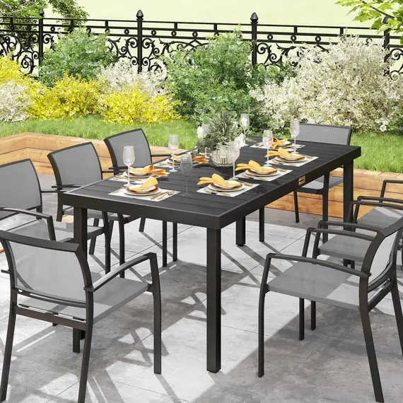 Buy Outsunny Aluminium Outdoor Garden Dining Table for 8 People, Faux Wood Top, for Garden, Patio, 190 x 90 x 74cm, Black, 9 image
