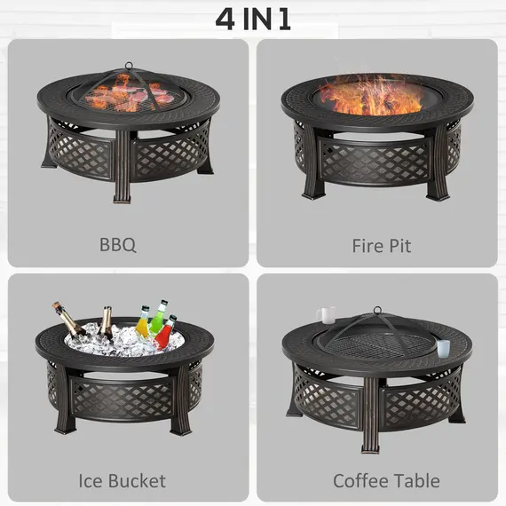 Buy Outdoor Fire Pit, Firepit with Grill Net, Mesh Lid, Poker, for Camping, Bonfire, Picnic, Bronze Tone, 7 image