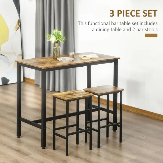 Buy 120x60cm Bar Table Set, Breakfast Table with 2 Stools, 3-Piece Counter Height Dining Table & Chairs for Kitchen, Living Room, Rustic Brown, 4 image