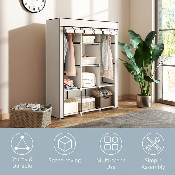 Buy Fabric Wardrobe, with Rails and Shelves - Cream White, 6 image