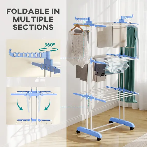 Buy Foldable Clothes Drying Rack, 4-Tier Steel Garment Laundry Rack with Castors for Indoor and Outdoor Use, Blue, 6 image
