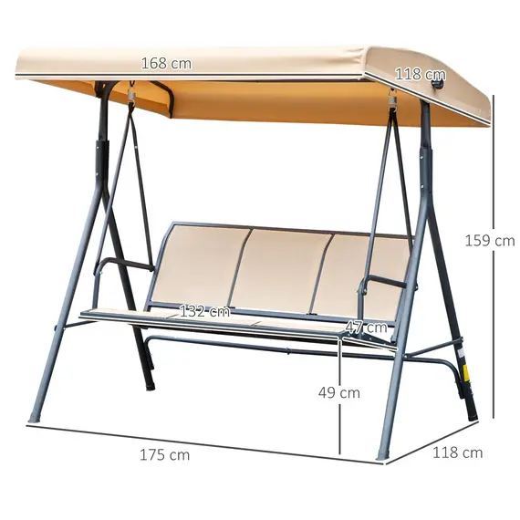 Buy 3 Seater Swing Chair, Garden Swing Bench with Canopy, Breathable Mesh Seat and Heavy Duty Steel Frame for Patio, Yard, Beige, 3 image
