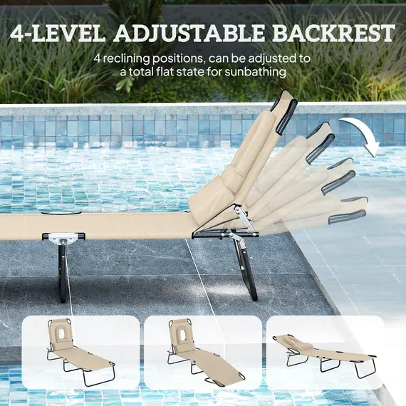 Buy Outsunny Folding Sun Lounger with Face Hole, 4-Position Adjustable Backrest Garden Recliner Chair Sunbed, Outdoor Lounge Chair with 600 D Oxford Cloth Seat, Pillow for Beach, Beige, 4 image