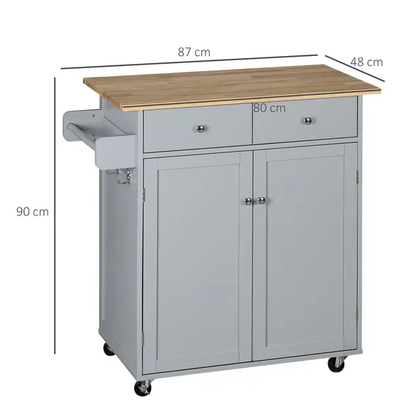 Buy Rolling Kitchen Island on Wheels, Utility Serving Cart with Rubber Wood Top, Towel Rack, Hooks and Storage Drawers, Grey, 3 image