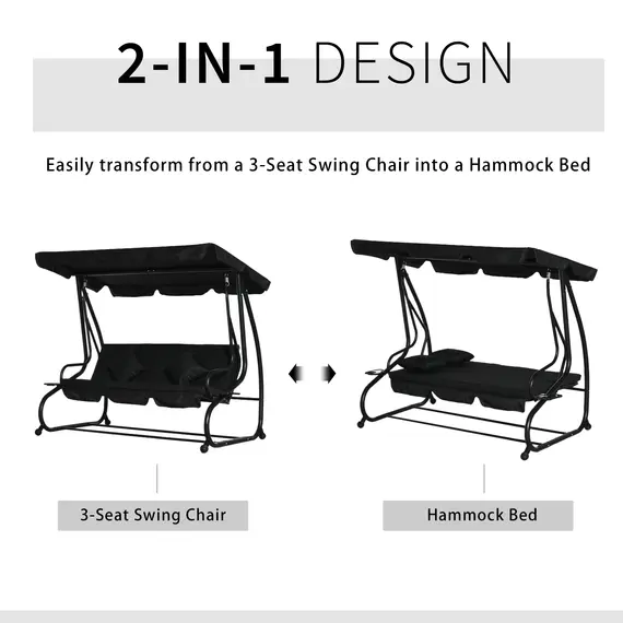 Buy Three-Seater Garden Swing Bed - Black, 4 image