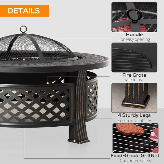Buy Outdoor Fire Pit, Firepit with Grill Net, Mesh Lid, Poker, for Camping, Bonfire, Picnic, Bronze Tone, 5 image