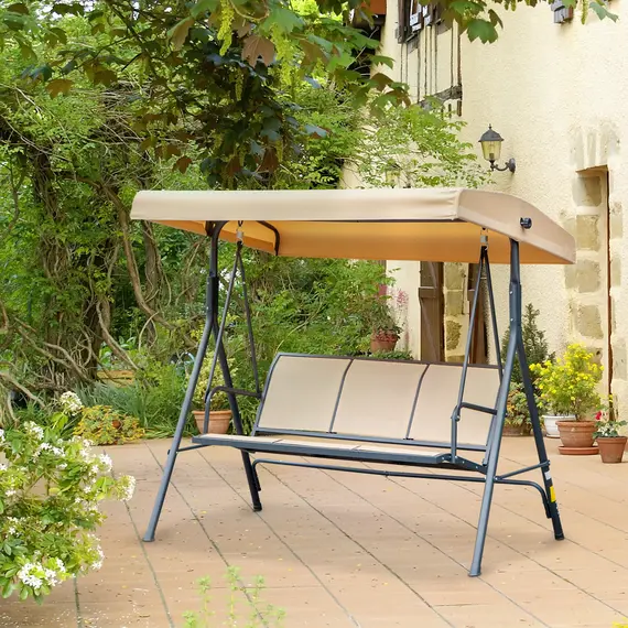 Buy 3 Seater Swing Chair, Garden Swing Bench with Canopy, Breathable Mesh Seat and Heavy Duty Steel Frame for Patio, Yard, Beige, 2 image