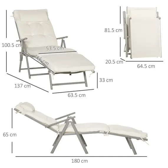 Buy Outsunny Sun Lounger Steel Frame Outdoor Folding Chaise Texteline Lounge Chair Recliner with Headrest & 7 Levels Adjustable Backrest, Cream White, 3 image